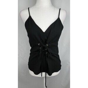 VTG Black Lace-Up Corset Style Cami Top V-Neck Adjustable Waist Size M Babydoll